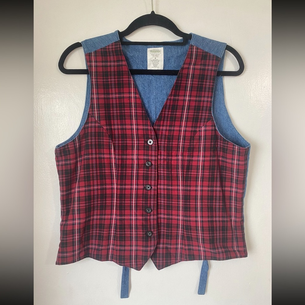 Vintage Red Plaid Denim Casual Vest